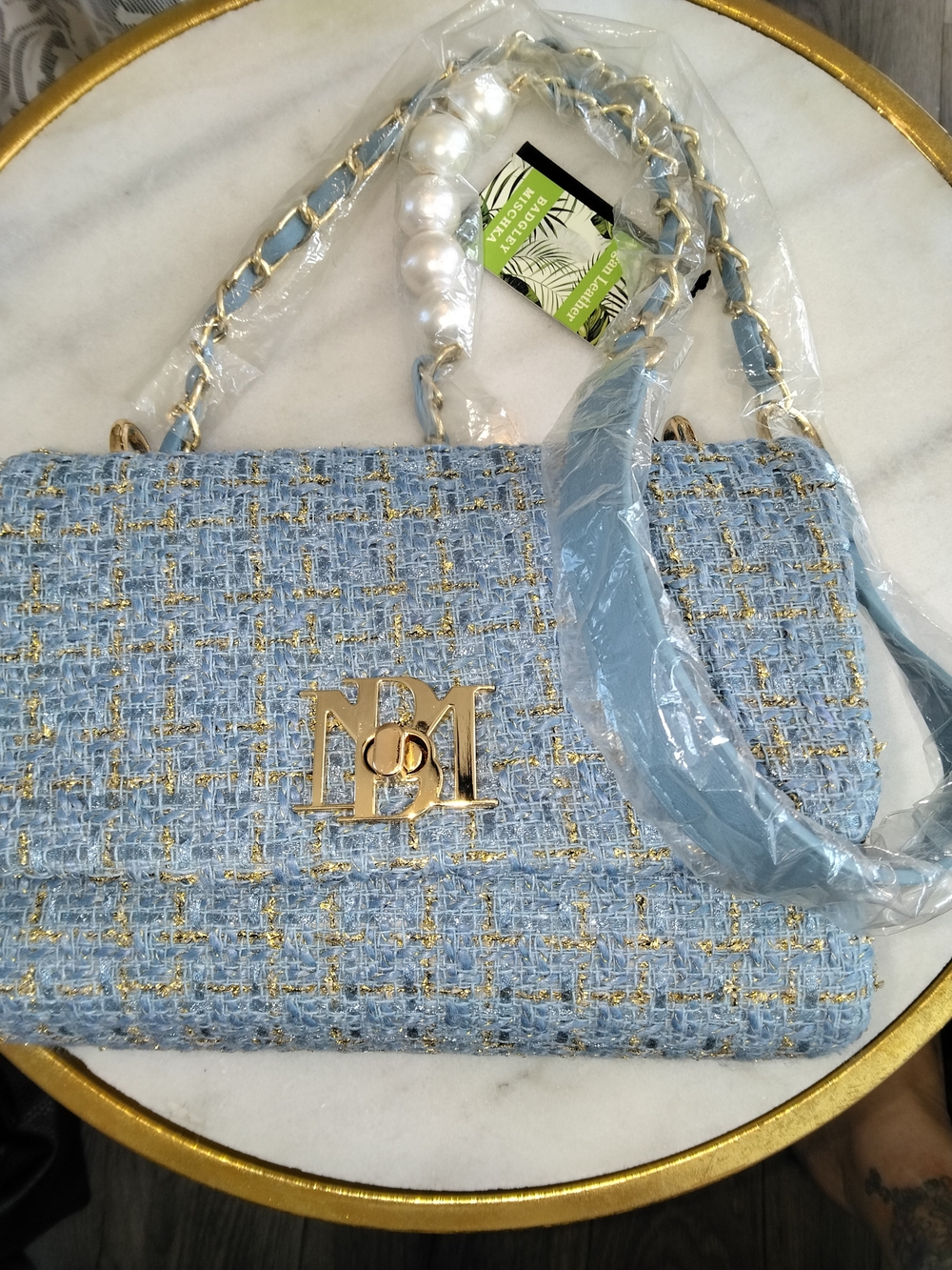 Blue Tweed Chain Shoulder Bag with Gold Hardware